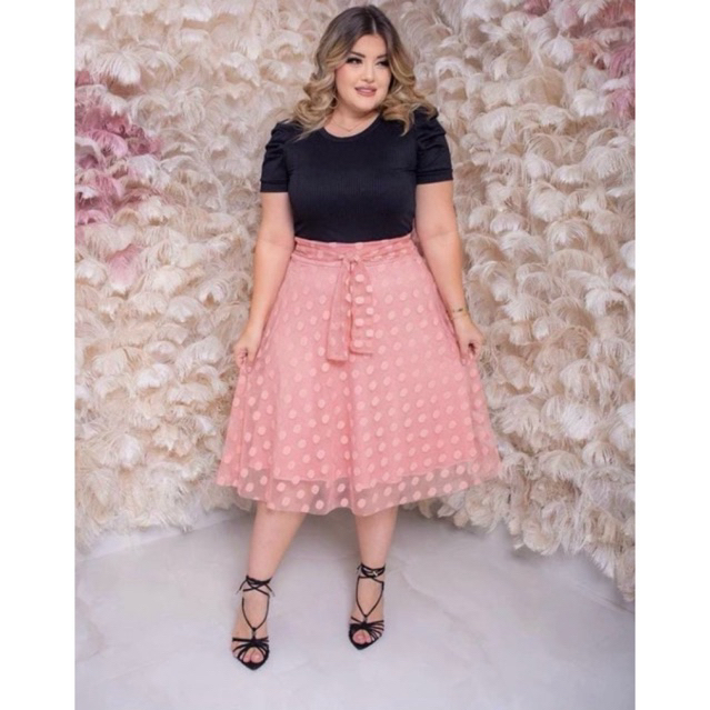 Saia Midi Em Tule Forrado Com Malha Canelado Com L