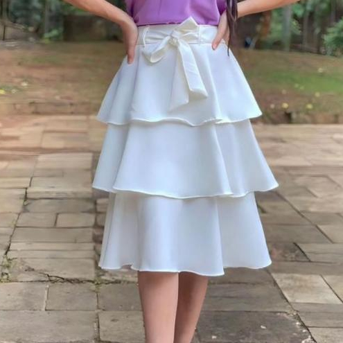 Saia Femeninas Midi com Cinto Babado Três Maria A