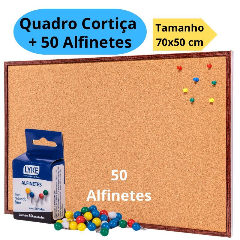 Quadro De Aviso Cortiça 70x50cm Moldura Madeira + 50 Alfinetes Mural Fotos Lembretes