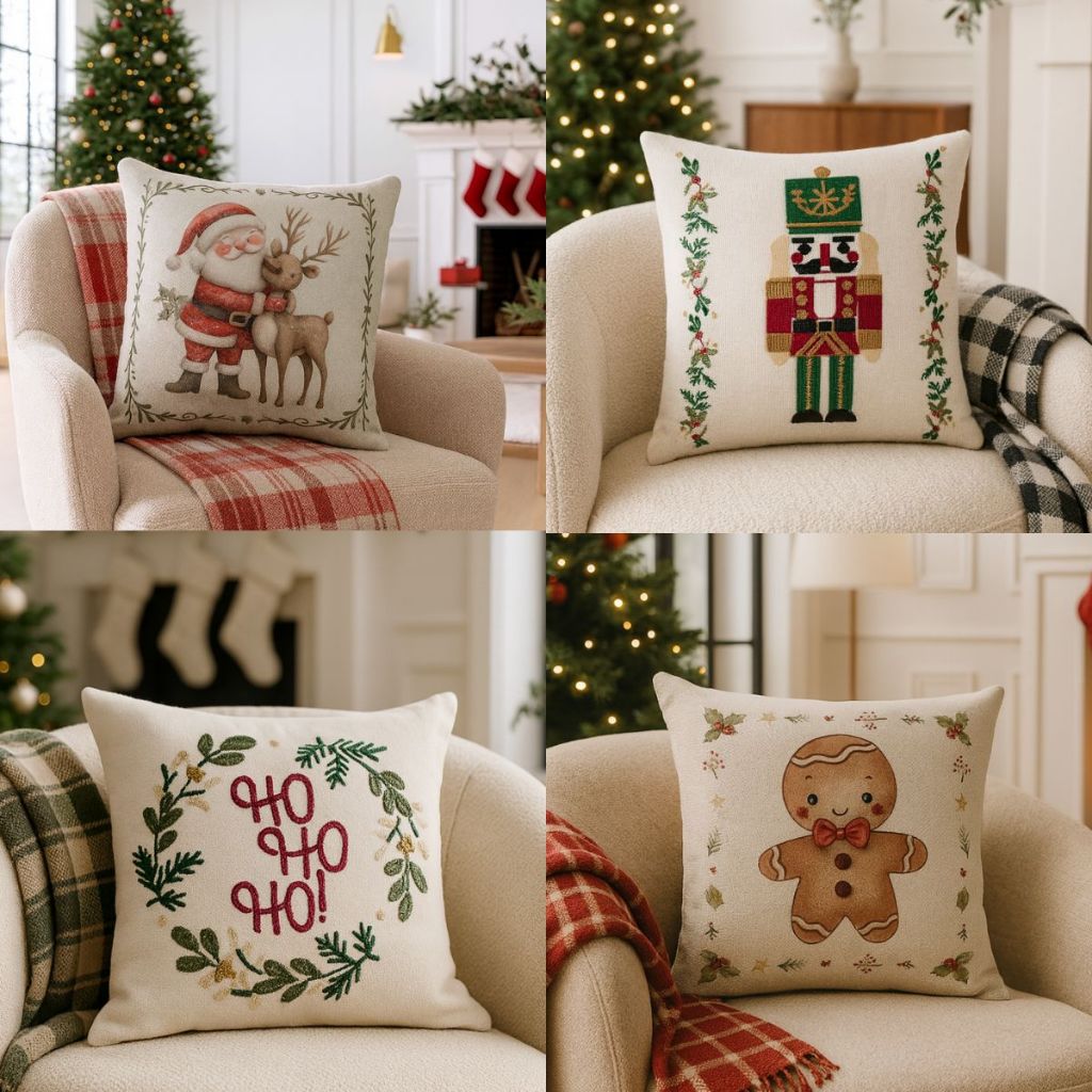 Capa de Almofada Natalina Decoração de Natal Festa Enfeite Papai Noel Renas Boneco de Neve Linho Est