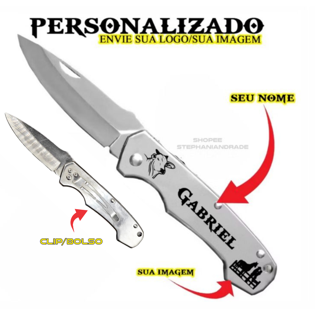 Canivete de Bolso Personalizado em inox Seu Nome e Desenho Lâmina Afiada