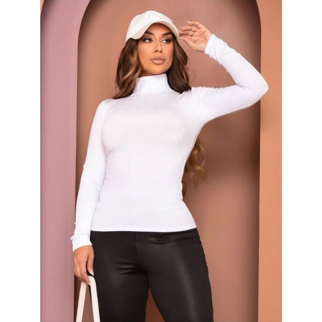 Cacharrel Blusa Feminina Manga Longa Segunda Pele Malha Canelada Tamanho P.M.G.GG