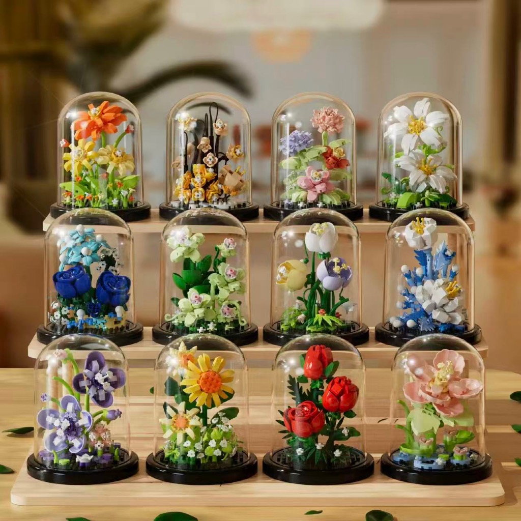Flores de Montar Decorativas – 6 Modelos Únicos Presente Criativo Mini Blocos Cúpula Transparente