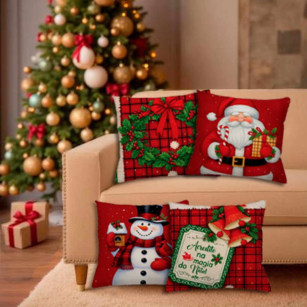 Almofadas Decorativas de Natal Kit 4 Capas Papai Noel Feliz Natal 45×45 cm