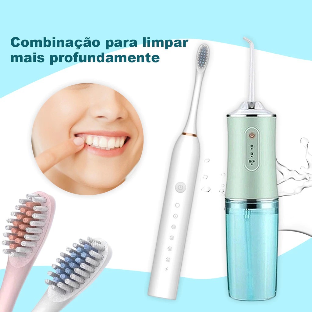 Conjunto de Higiene Oral – Escova de Dentes Elétrica Sônica + Irrigador Oral Recarregável – IPX7 – 3