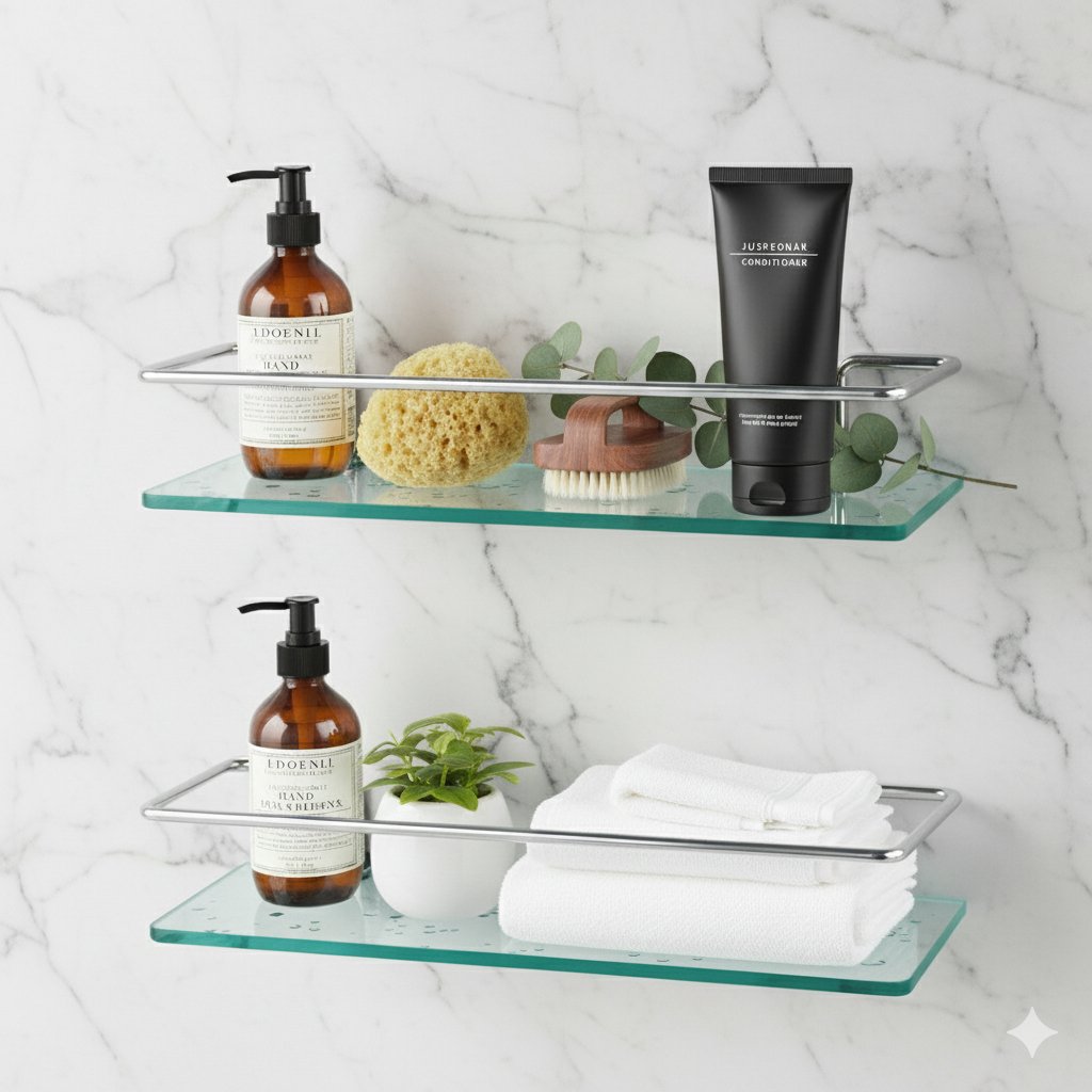 Kit 2 Porta Shampoo Banheiro Alumínio e Vidro Reto | Suporte de Parede Antiferrugem Fácil Instalação