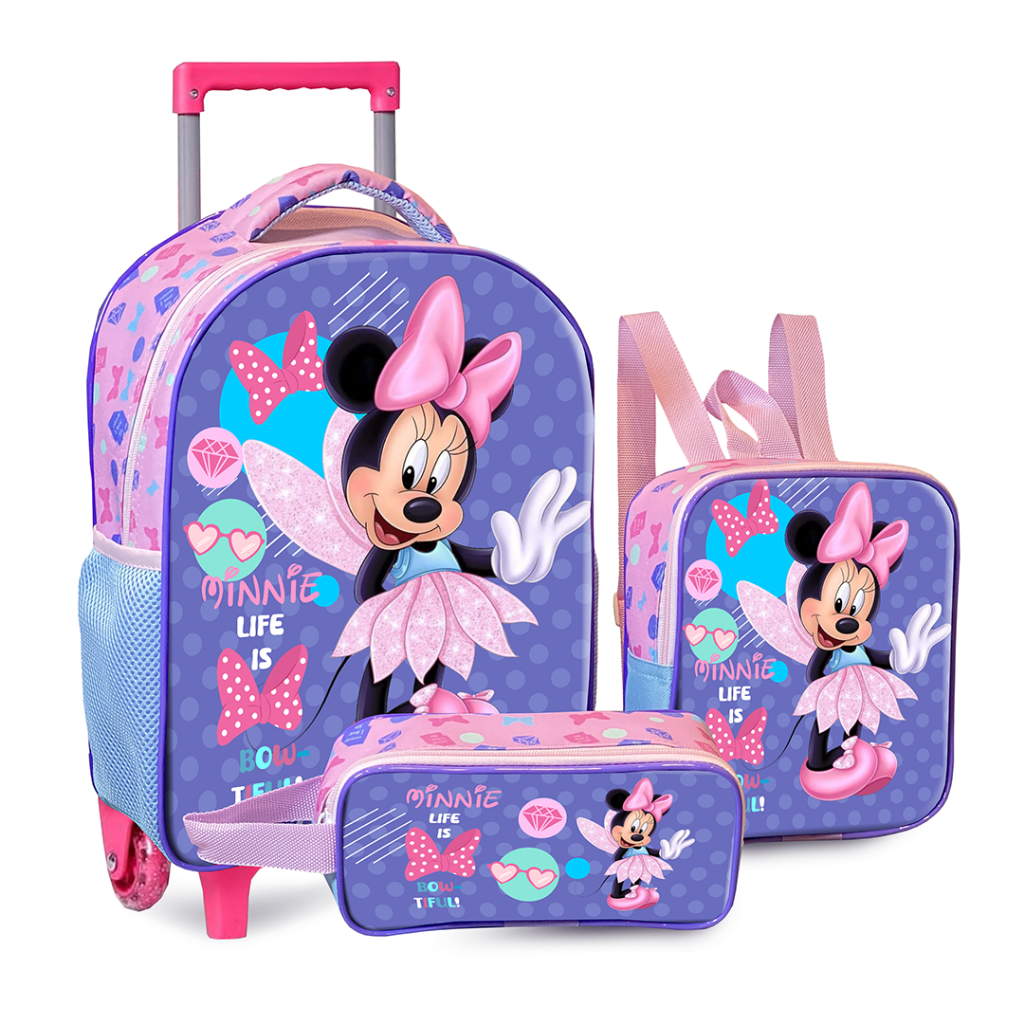Mochila Rodinha escolar infantil minnie espaçosa para menina cabe livros e cadernos