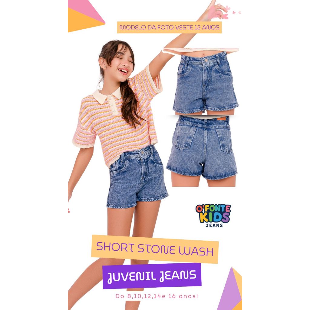 Short Basico Jeans Marmorizado Infantil Juvenil Menina 08,10,12,14,16 anos