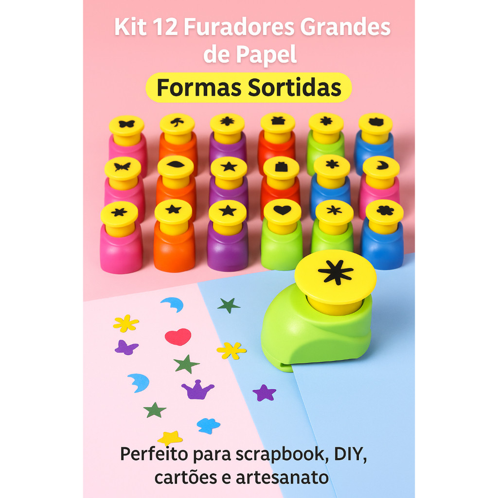 Kit com 12 furadores grandes e super criativos Formatos variados  Envio sortido  Ideal para Scrapboo