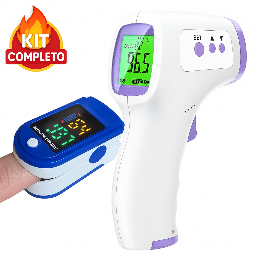 2 em 1 Kit Essencial p/ Família: Termômetro Laser p/ Febre e Bebê + Oxímetro Dedo Digital Preciso