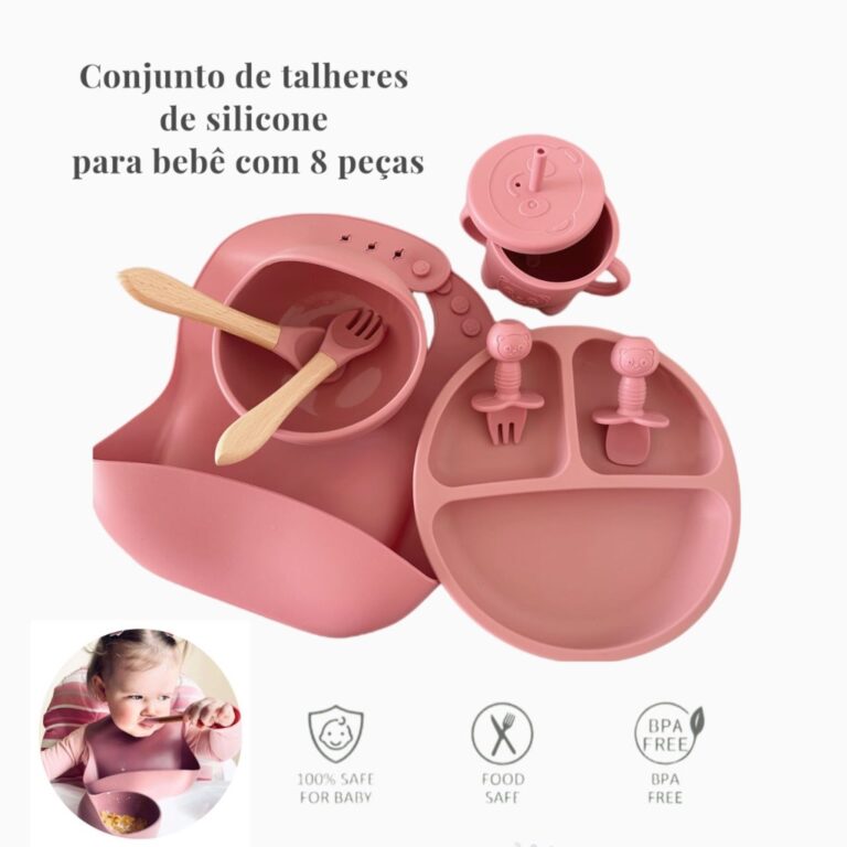 kit 8 Peças Talheres alimentação bebê silicone