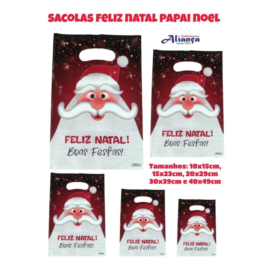 50 Sacolas boca de palhaço 0,8 Feliz Natal Papai Noel