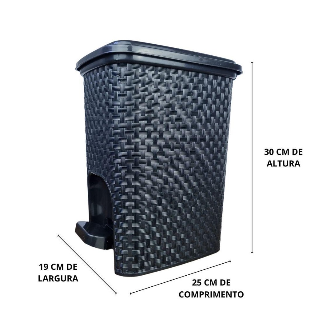 Lixeira Rattan 7L C/Tampa e Pedal Arqplast Preta