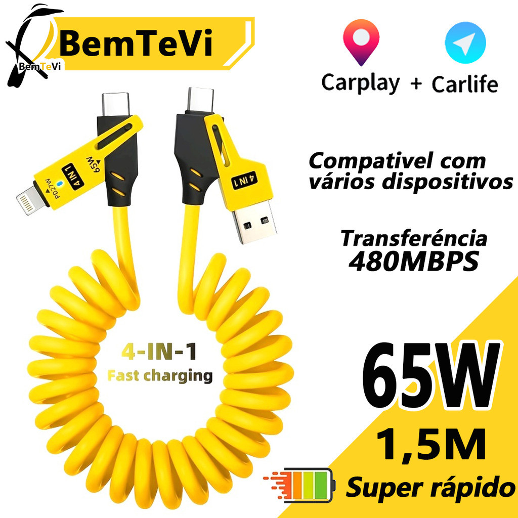 Cabo de caro Carplay 4 Em 1 USB/Tipo C Cabo De iPhone/Samsung/Motorola Telescópico De Tração De Mola