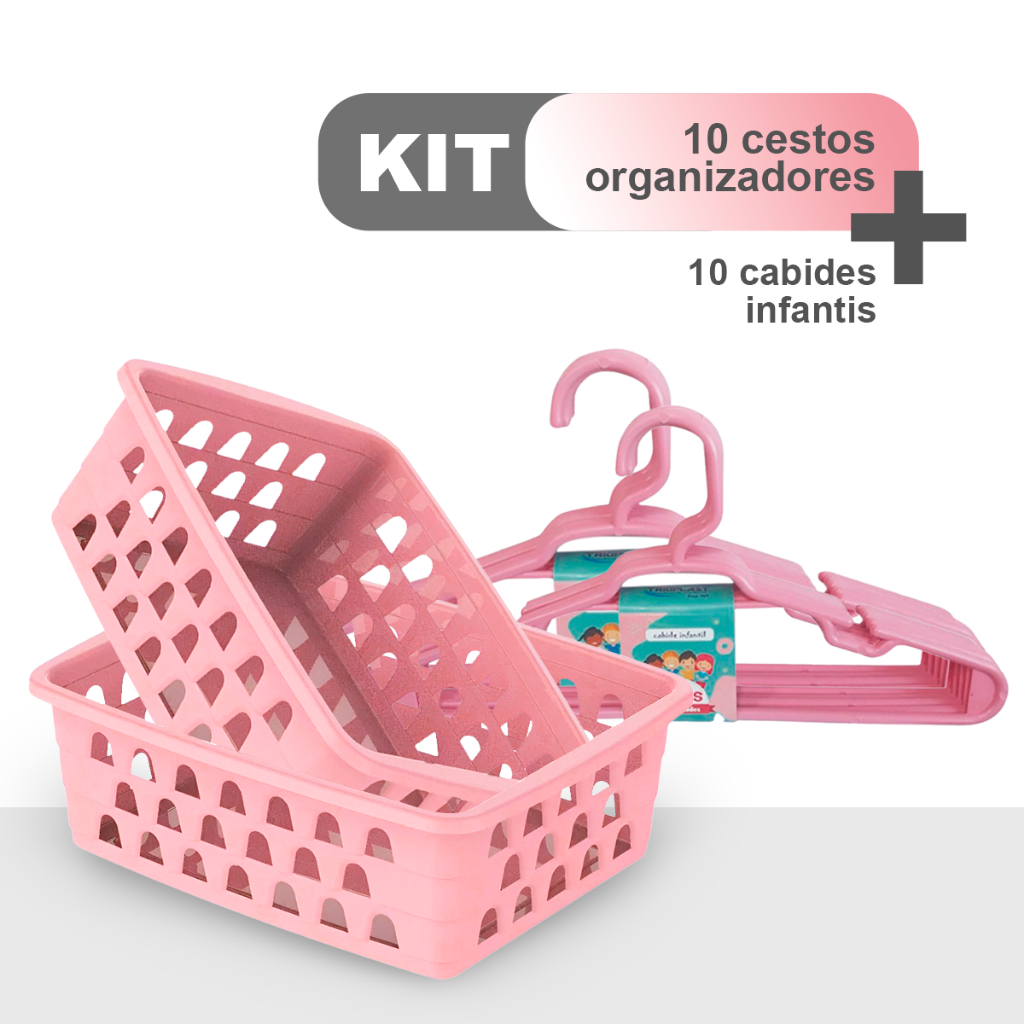 Kit 10 Cabides Infantil + 10 Cestinhas Infantil – Rosa, Azul ou Branco