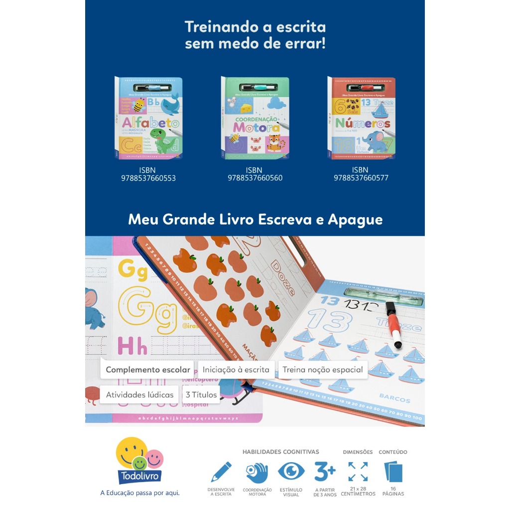 Meu Grande Livro Escreva e Apague | Coordenação Motora | Números | Alfabeto