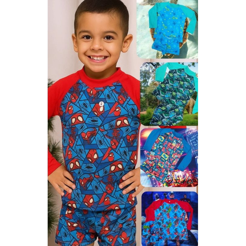 Conjunto Praia Infantil heróis menino | Roupa Uv Piscina Sunga + Camiseta Manga Comprida