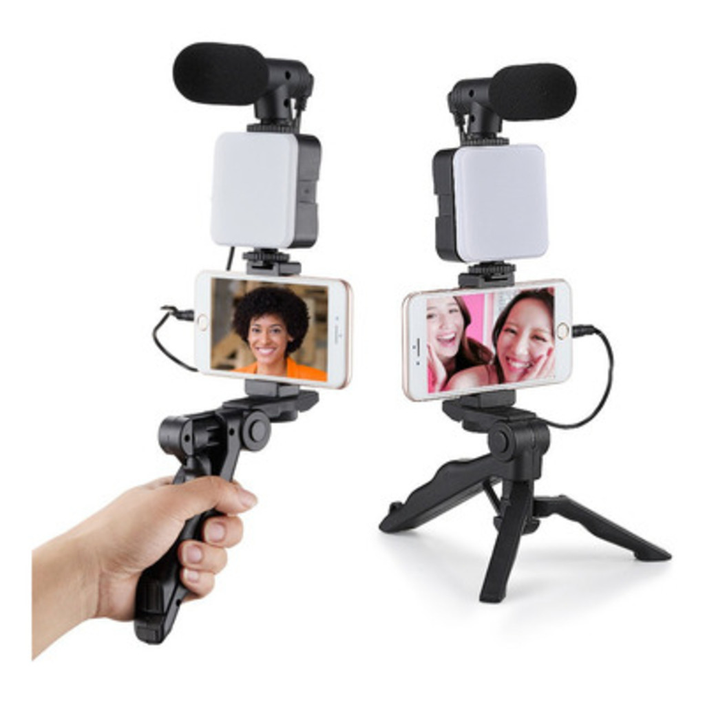 Kit Gravaçao 4 Em 1 Com Microfone  Led Suporte Celular Cor Preto