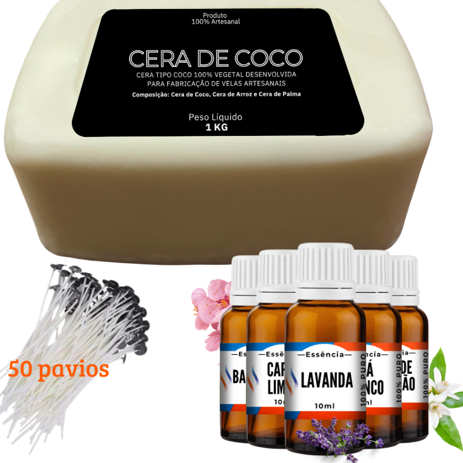 KIT Cera de Coco 1kg + Essência de 10ml + 50 Pavios