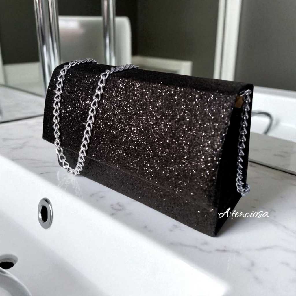 Bolsa Preta glitter Feminina de Mão e Ombro  alça Prateada para festas e casamentos