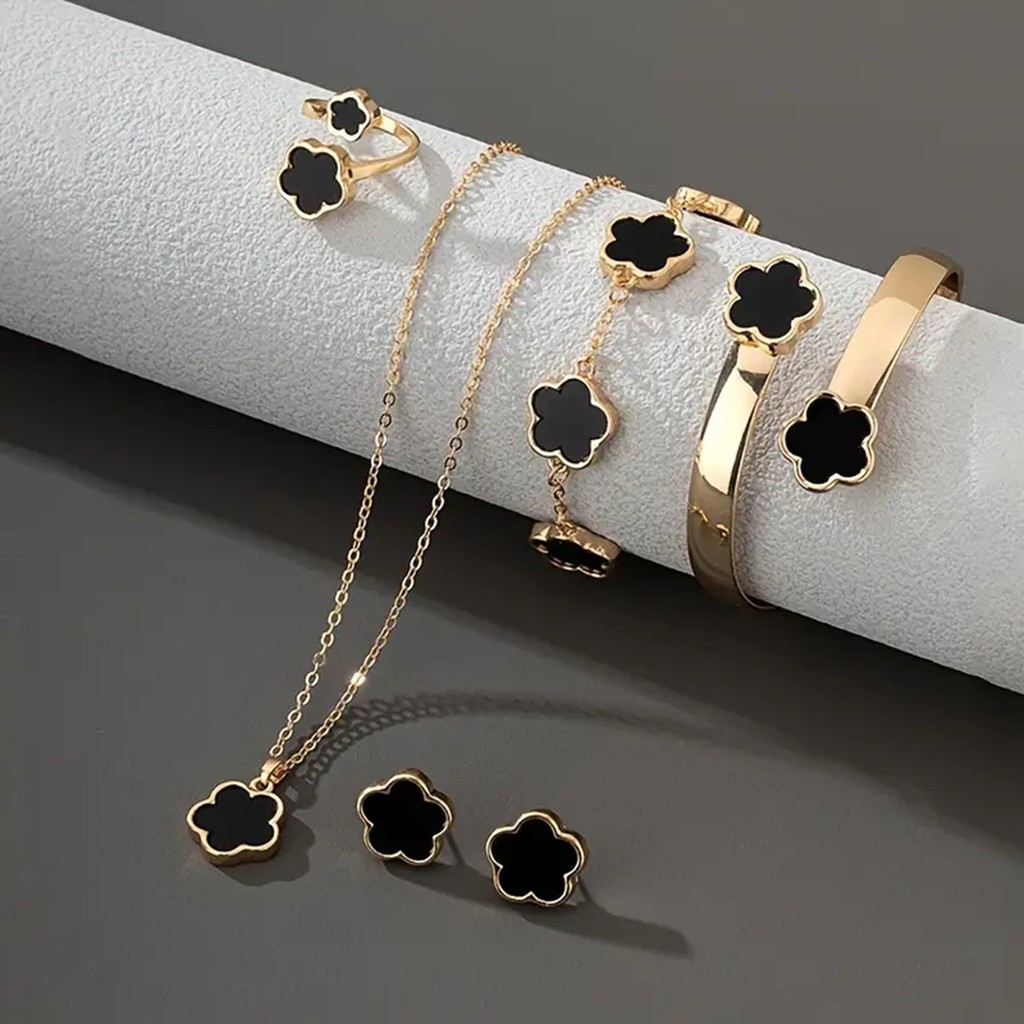 Conjunto de Colar, Anel, Brinco e Pulseira Estilo Jóia Coreano – 5 Peças de Jóias Alta Qualidade