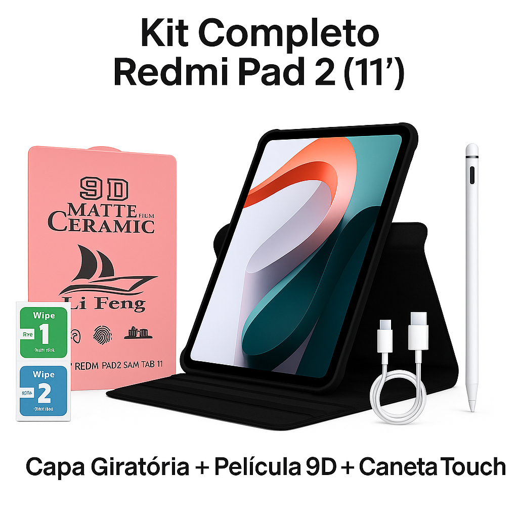 Kit Completo para Tablet Redmi Pad 2 de 11 polegadas Capa Giratória + Película Cerâmica + Caneta Tou
