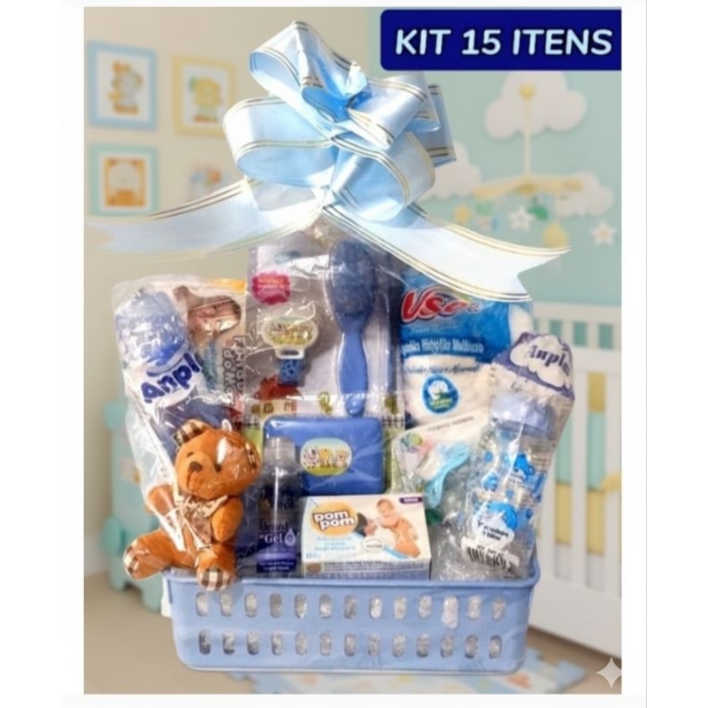 Kit chá de bebê cesta presente enxoval 15 itens Mamadeiras 240 / 140 ml + lenço umedecido+ sabonete