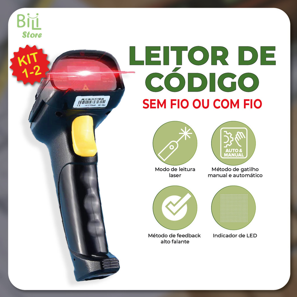 Leitor De Código De Barras Scanner Laser Com ou Sem Fio USB Leitura 1D