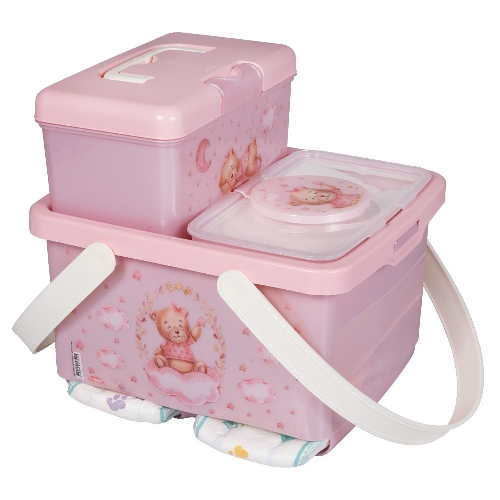 Kit Trocador Ursa Rosa 3 Peças Bebê Enxoval Lenço Fralda Caixa Plasútil