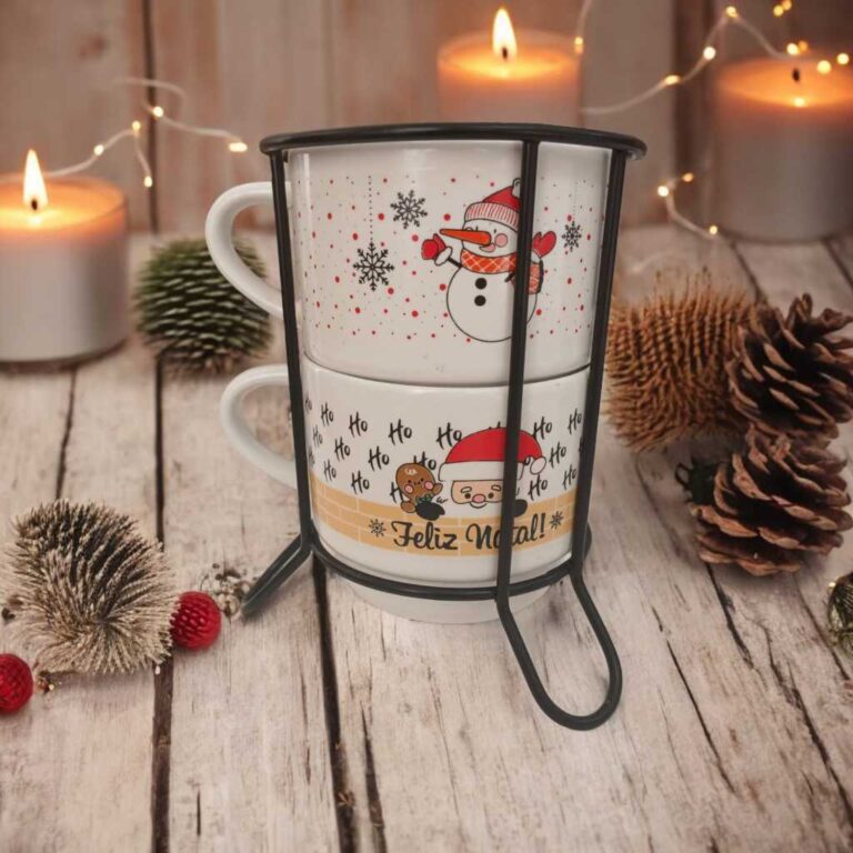 Kit 2 Xicaras Porcelana Chá Café Natal + Suporte