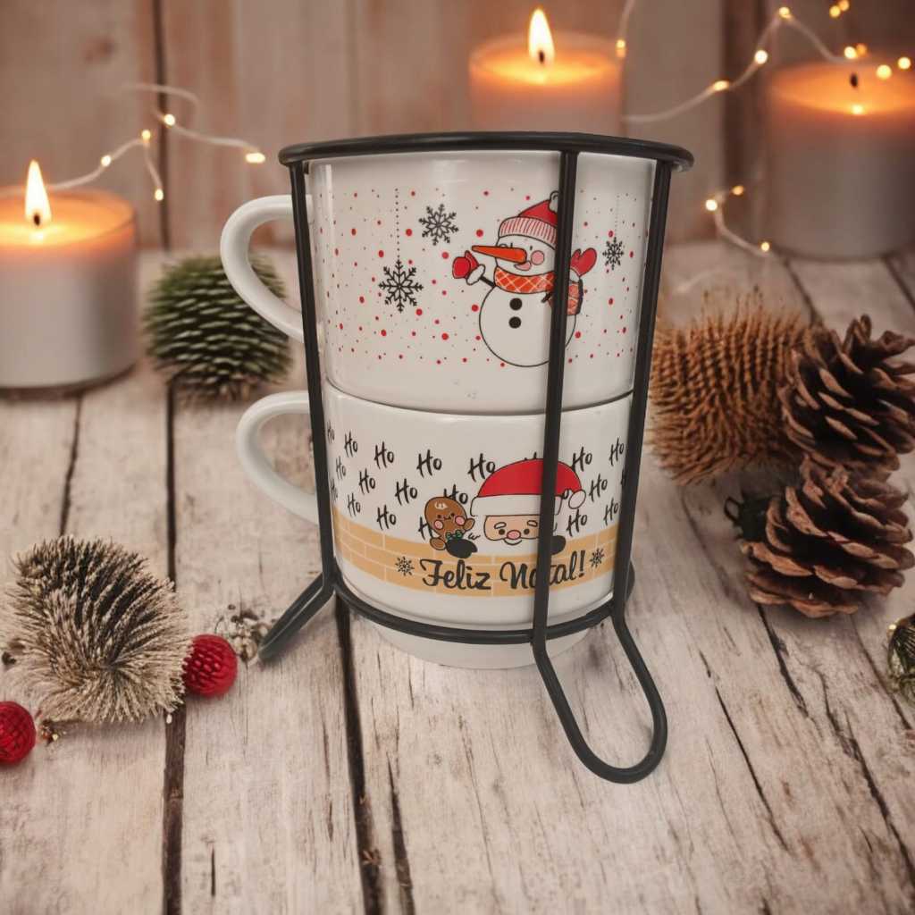 Kit 2 Xicaras Porcelana Chá Café Natal + Suporte Metal