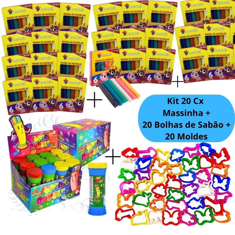 Kit 20 Cx Massinha de Modelar + 20 Bolhas de Sabão + 20 Molde Cortador Lembrancinha Kit Festa Infant