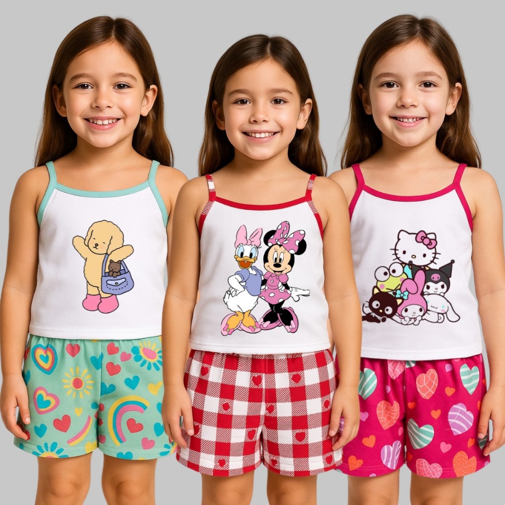 Kit 3 Pijamas Menina  Baby Doll Criança Estampado Verão Para Dormir Infantil Sortido