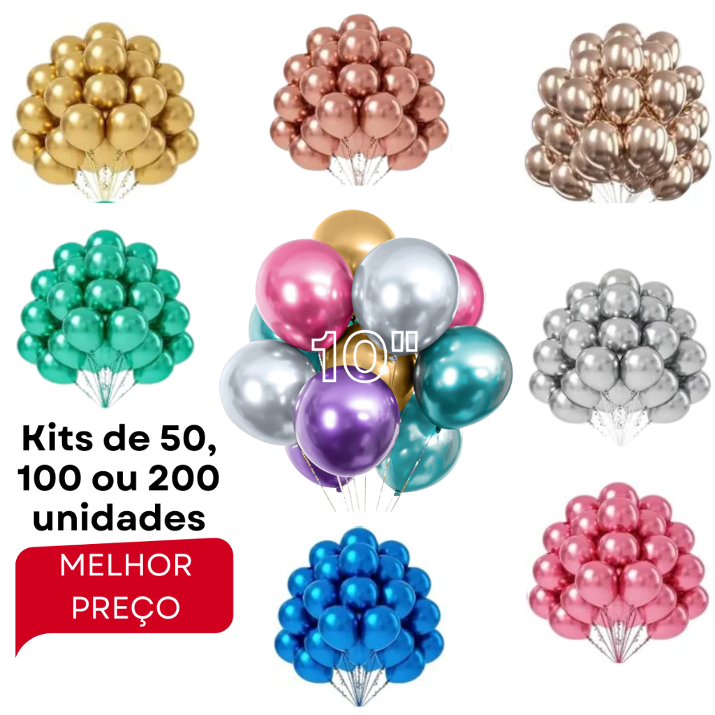 Kit Balão Metalizado Bexiga N.10 50/100/200 Festa Aniversário Casamento Evento Decoração