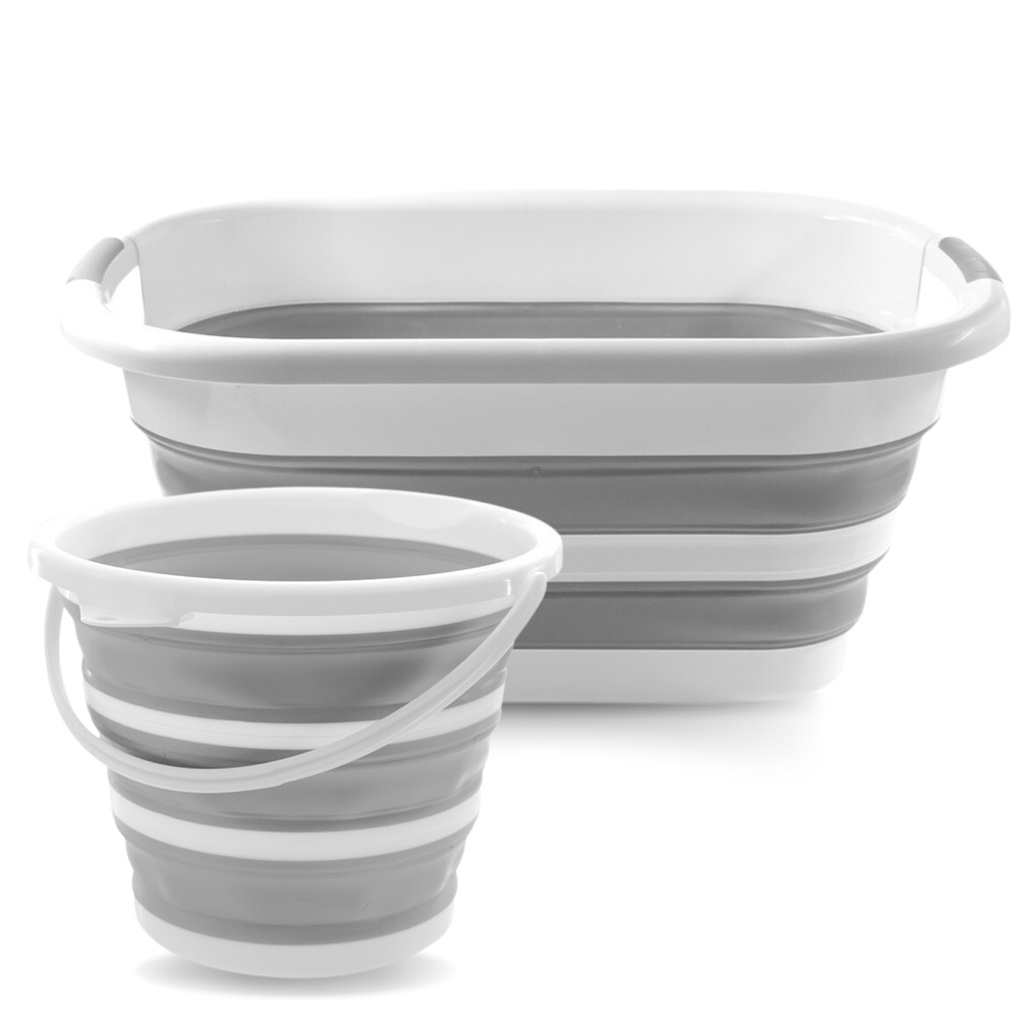 Kit Balde Dobrável Retrátil Flexível Retangular 26L Powermaid Silicone + 1 Balde 10L Silicone