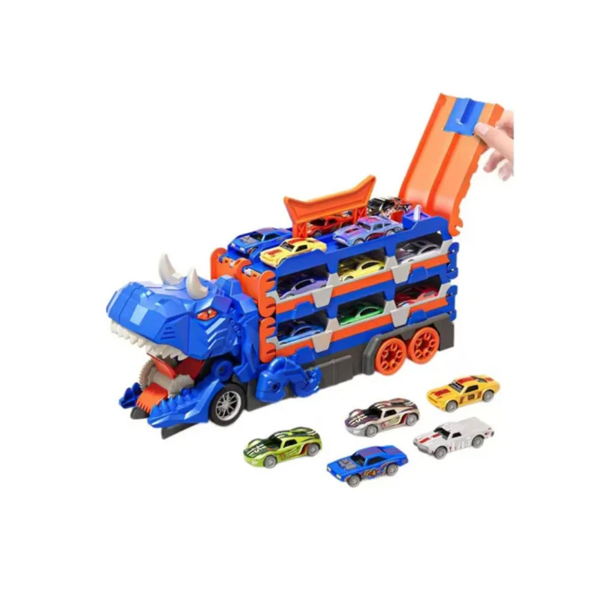 Caminhão Dinossauro 4 em 1 com pista e lancador, 6 carrinhos de x1metal e boneco dummy 13 articulaco