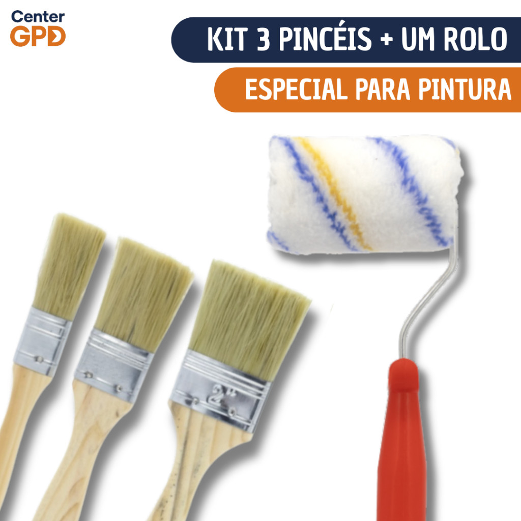 Kit 3 ou 5 Pinceis de Cerda Natural + Rolo De Tinta 4 | Ideal P/ Pintura em Parede ou Arte em Tela