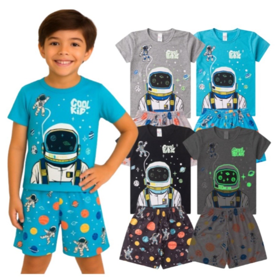 Pijama BRILHA NO ESCURO Infantil Menino Verão Astronauta – Hey Kids