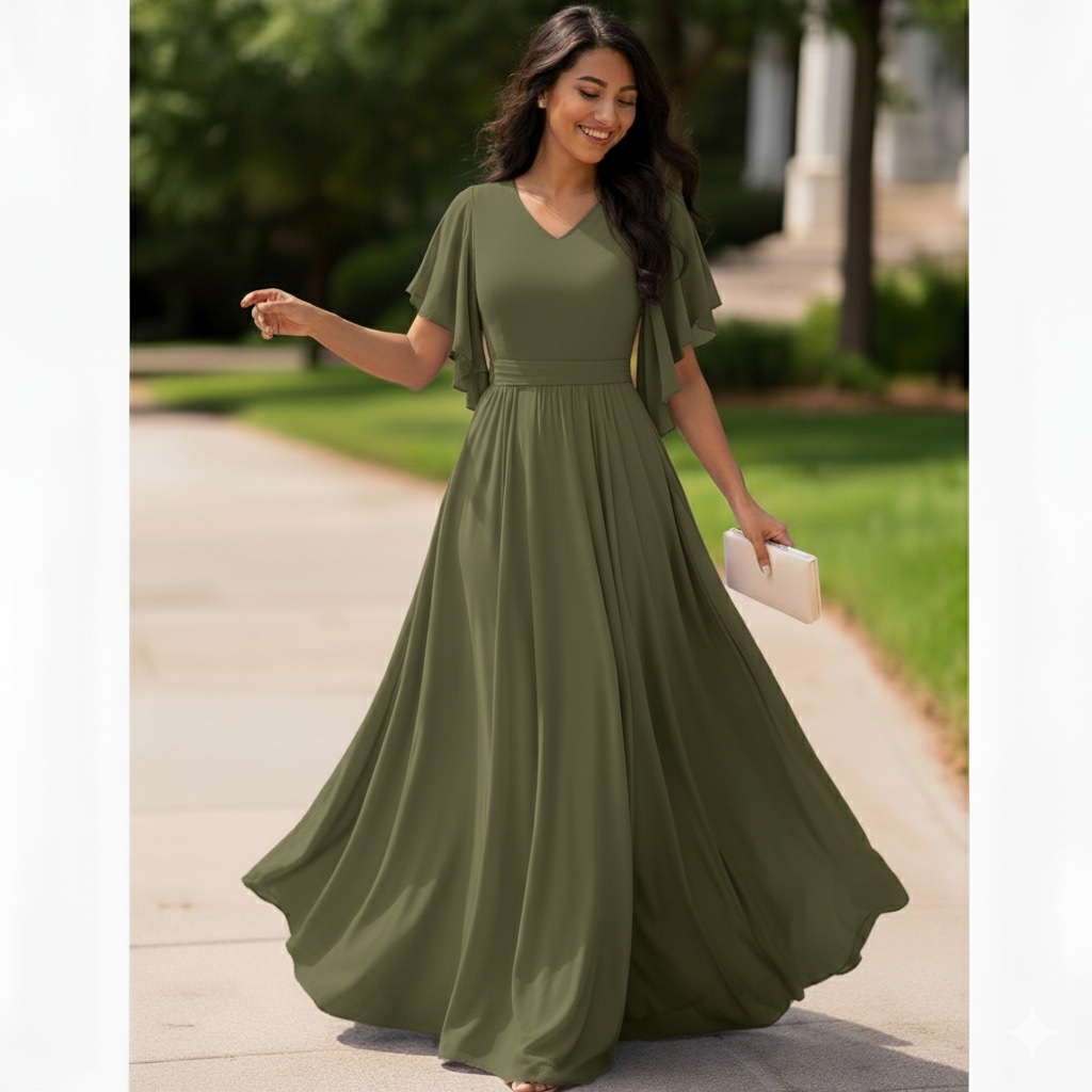 Vestido Longo Feminino Elegante com Manga Flare, Sino