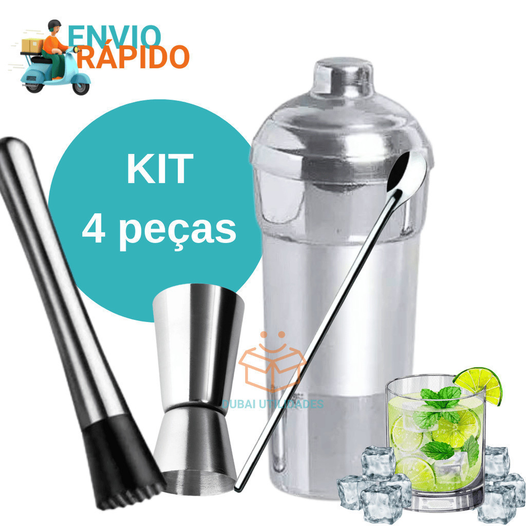 Kit Combo Bar 4 Peças Coqueteleira inox socador dosador duplo e colher de suco para Bares Restauran