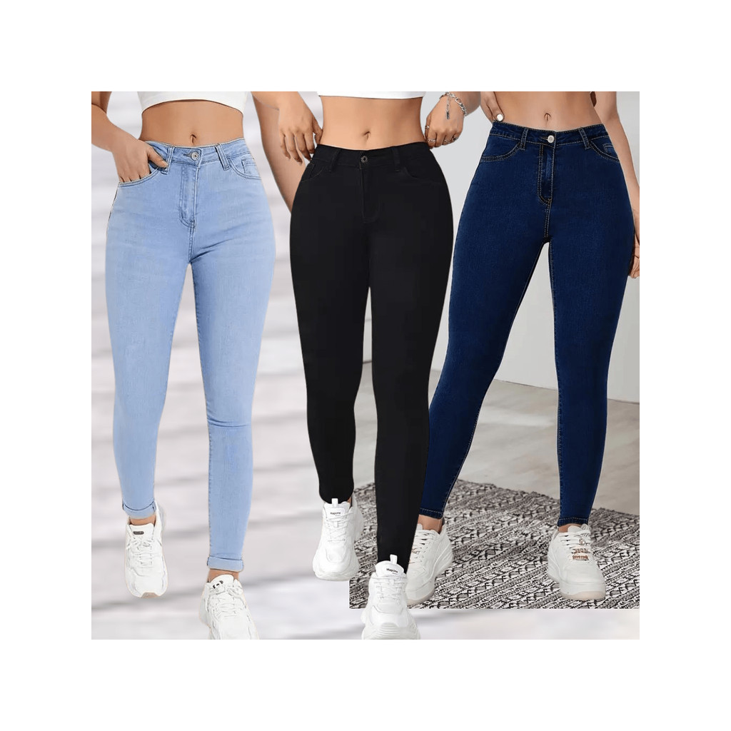 kit 3 Calças Jeans feminina Skinny Premium Lycra estica muito cintura alta Elastano levanta
