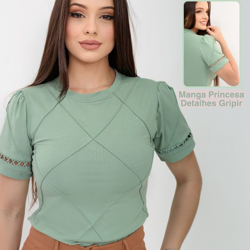 Blusa T-Shirt Gola Alta Algodão De Alto Padrão Manga Princesa