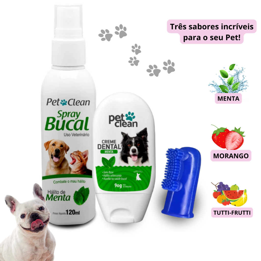 Kit Bucal Pet Clean – Creme Dental + Escova dental dedeira + Spray Bucal