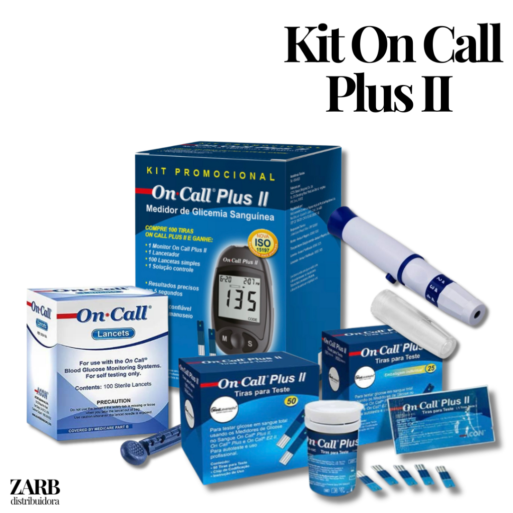 1 Medidor de Glicemia + 100 Lancetas + 1 Lancetadora + 100 Tiras Kit Completo On Call Plus II