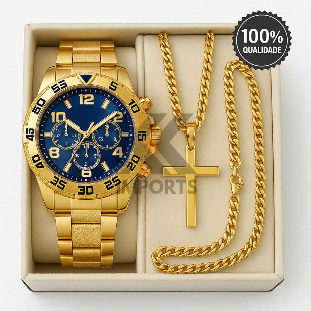 Relógio Masculino Aço inox A PROVA DÁGUA Conjunto c/ Corrente + Pulseira e Pingente Presente Pais Na