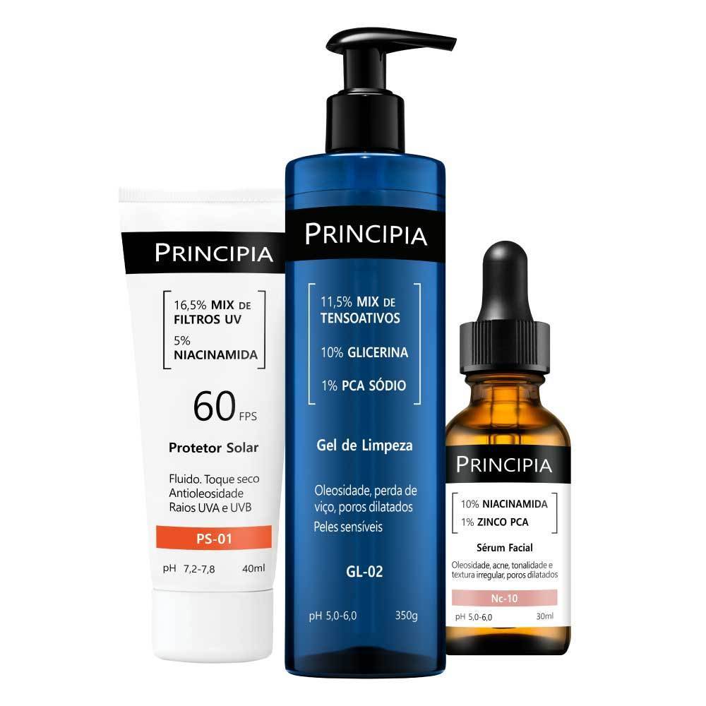 Principia Kit Trio Anti Oleosidade c/ Gel de Limpeza Gl-02 + Sérum Niacinamida + Protetor Solar PS-0