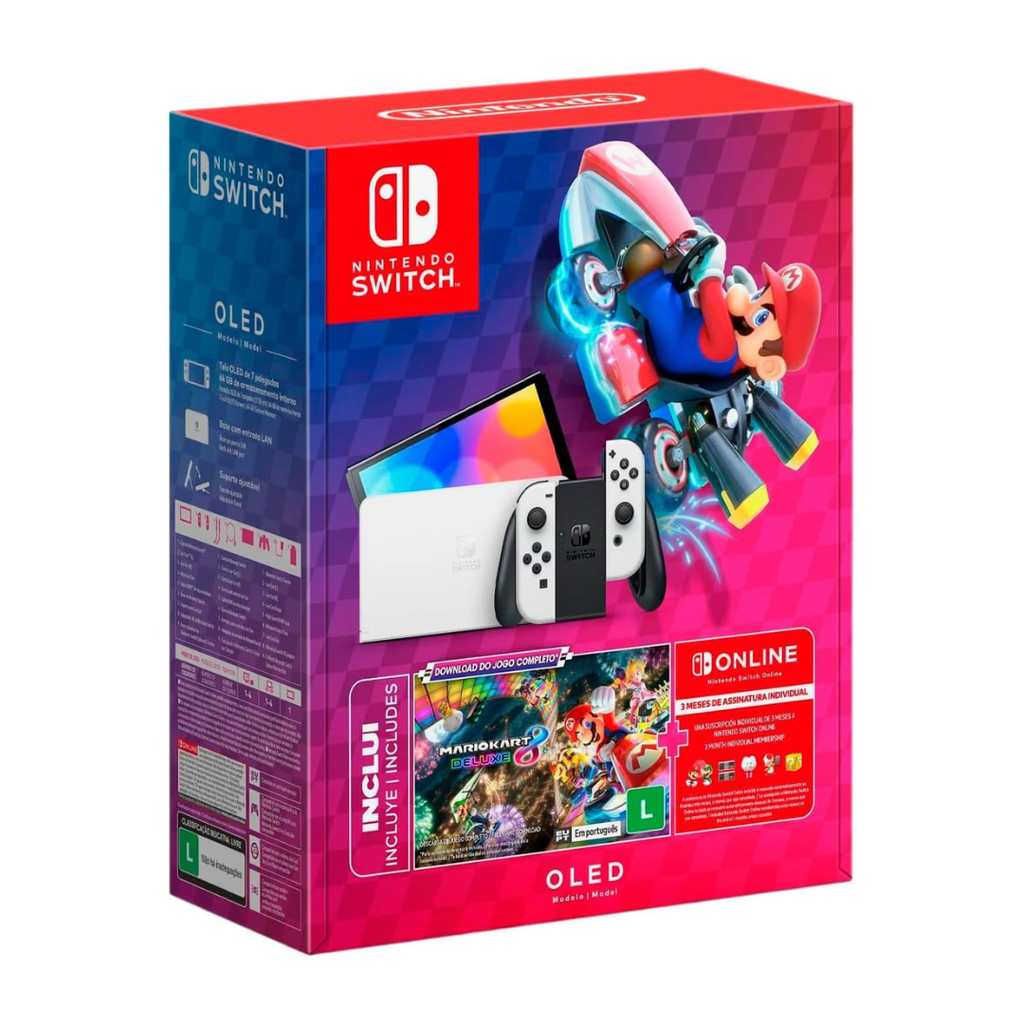 Nintendo, Console + Jogo, Switch OLED Branco, Jogo Digital Mario Kart 8 Deluxe, 3 Meses de Assinatur