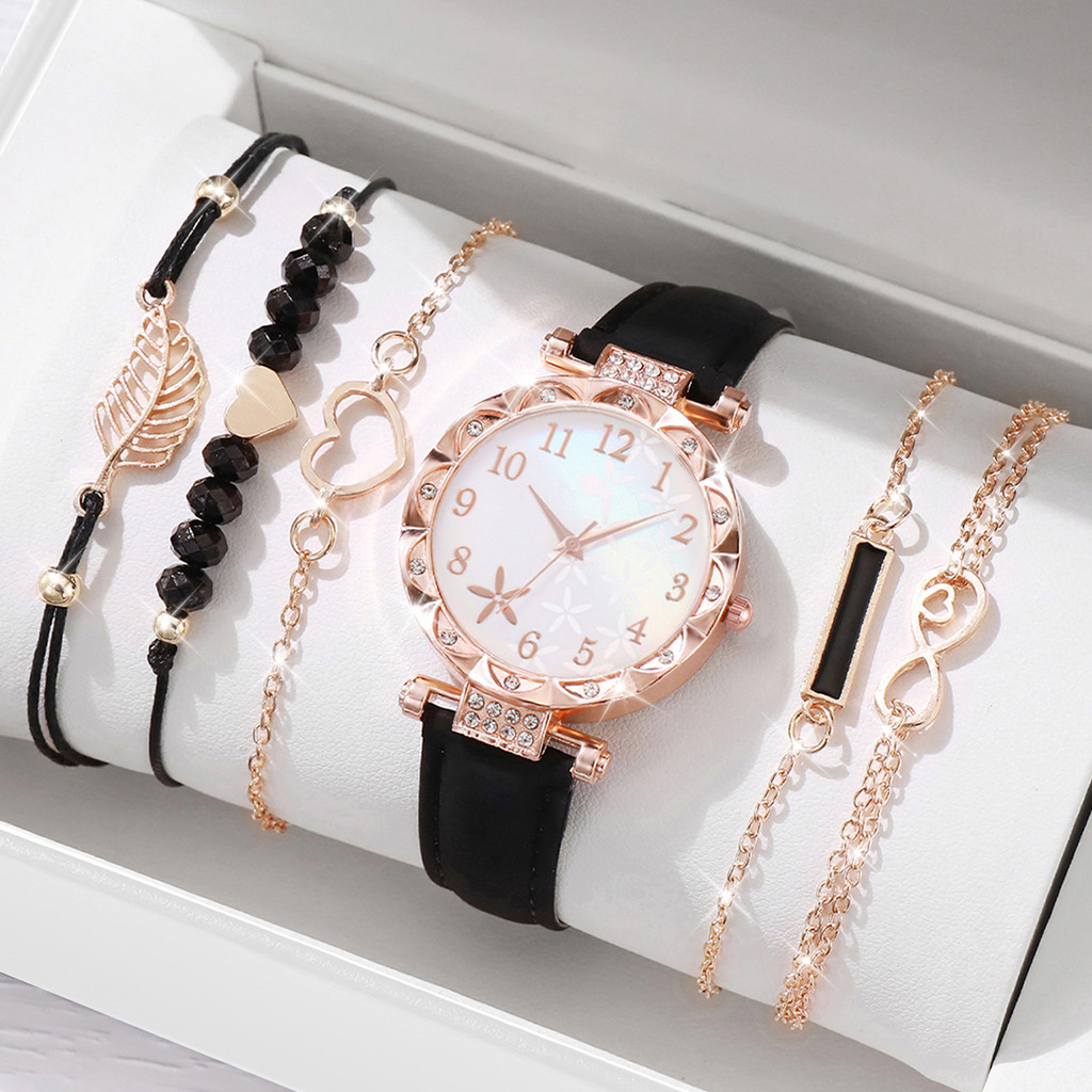 Conjunto De Relógio Com Pulseira De 6 Peças , Novo Feminino De Quartzo Preto De Luxo E Elegante
