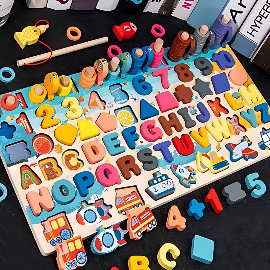 Tabuleiro Montessori Atividades Pescaria Encaixe Numeros Letras Brinquedo Educativo MDF 133pcs