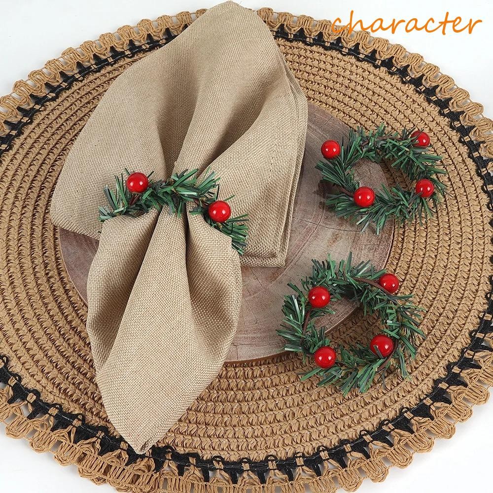 Personagem 6pcs Anel De Guardanapo De Agulha De Pinho De Natal , Com Suporte Estilo Pastoral De Frut